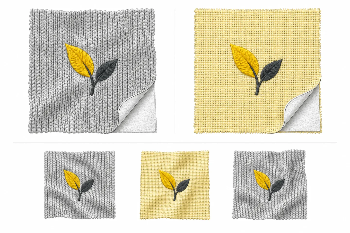 Illustrated gray knit and yellow woven swatches with matching embroidered leaves and lifted corners revealing stabilizer backing, above three smaller test swatches.