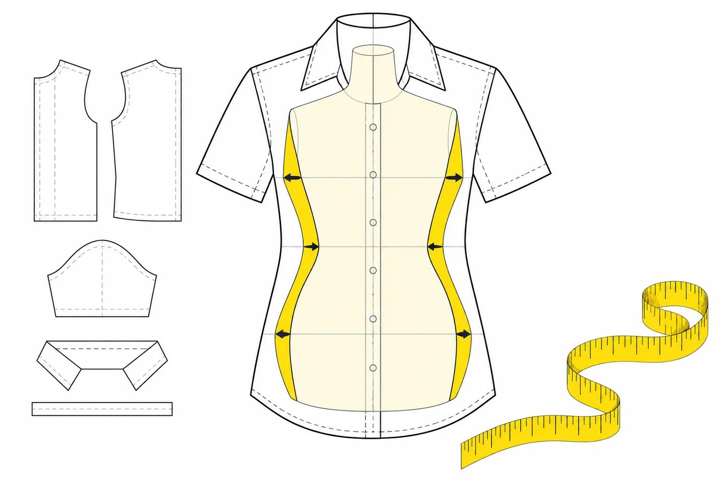 Black-line shirt illustration around a narrower torso, with yellow bands showing ease at bust, waist and hip, alongside pattern pieces and a yellow measuring tape.